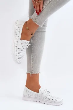 Best Skórzane Półbuty Damskie Ażurowe Białe Darnissa Damskie Półbuty Skórzane