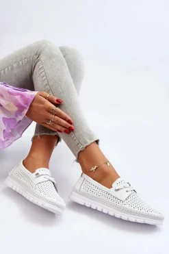 Best Skórzane Półbuty Damskie Ażurowe Białe Darnissa Damskie Półbuty Skórzane