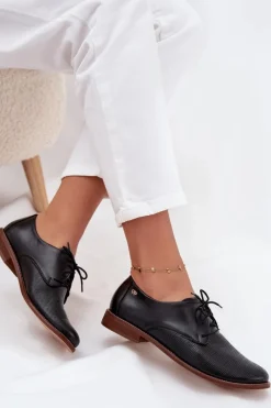 Półbuty Skórzane>Zazoo Skórzane Półbuty Damskie Eleganckie Sznurowane 4238 Czarne Czarny