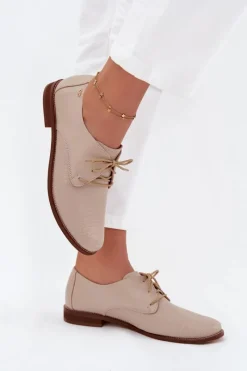 Discount Skórzane Półbuty Damskie Eleganckie Sznurowane 4238 Beżowe Damskie Półbuty Skórzane