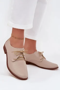 Discount Skórzane Półbuty Damskie Eleganckie Sznurowane 4238 Beżowe Damskie Półbuty Skórzane