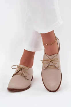 Discount Skórzane Półbuty Damskie Eleganckie Sznurowane 4238 Beżowe Damskie Półbuty Skórzane
