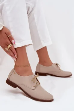 Discount Skórzane Półbuty Damskie Eleganckie Sznurowane 4238 Beżowe Damskie Półbuty Skórzane