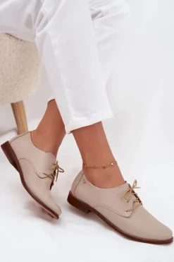 Discount Skórzane Półbuty Damskie Eleganckie Sznurowane 4238 Beżowe Damskie Półbuty Skórzane