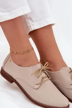 Discount Skórzane Półbuty Damskie Eleganckie Sznurowane 4238 Beżowe Damskie Półbuty Skórzane