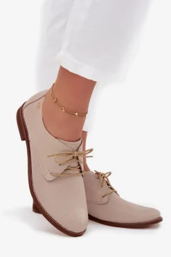 Discount Skórzane Półbuty Damskie Eleganckie Sznurowane 4238 Beżowe Damskie Półbuty Skórzane