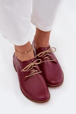 Best Zazoo Skórzane Półbuty Damskie Eleganckie Sznurowane 4238 Bordowe Czerwony