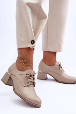 Półbuty Skórzane>Boto Skórzane Półbuty Damskie Na Obcasie Beżowe Keria