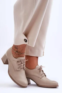 Półbuty Skórzane>Boto Skórzane Półbuty Damskie Na Obcasie Beżowe Keria