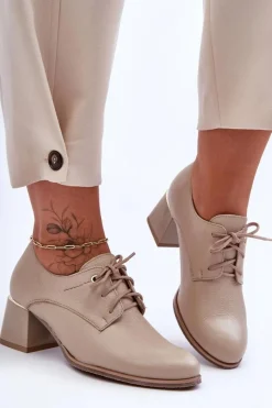 Półbuty Skórzane></noscript>Boto Skórzane Półbuty Damskie Na Obcasie Beżowe Keria