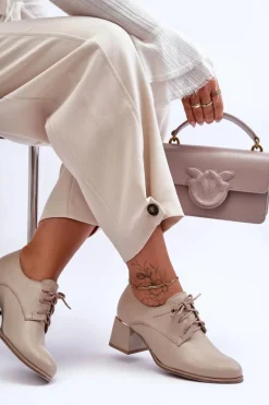 Półbuty Skórzane></noscript>Boto Skórzane Półbuty Damskie Na Obcasie Beżowe Keria