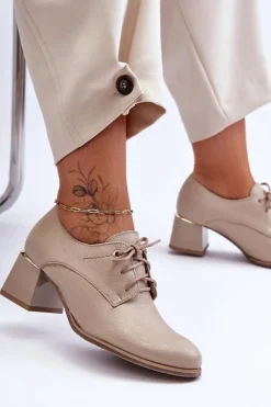 Półbuty Skórzane></noscript>Boto Skórzane Półbuty Damskie Na Obcasie Beżowe Keria