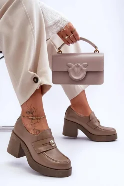 Best Skórzane Półbuty Damskie Na Słupku Ciemnobeżowe Lemar Dunadia Damskie Półbuty Skórzane