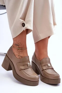 Best Skórzane Półbuty Damskie Na Słupku Ciemnobeżowe Lemar Dunadia Damskie Półbuty Skórzane