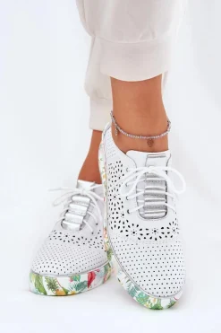 Discount Artiker Skórzane Półbuty Damskie Na Koturnie 56C1799 Biało-Srebrne