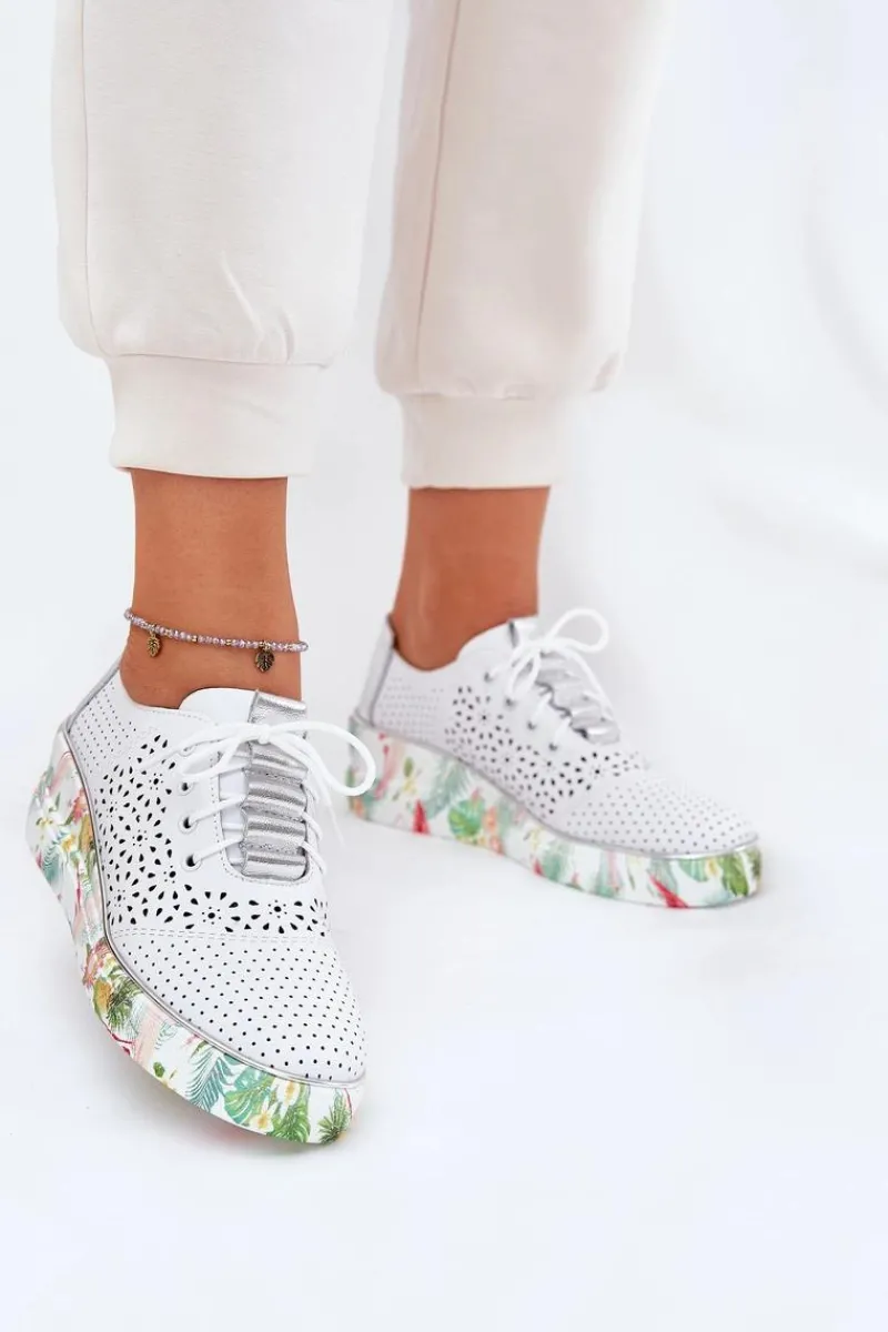 Discount Artiker Skórzane Półbuty Damskie Na Koturnie 56C1799 Biało-Srebrne