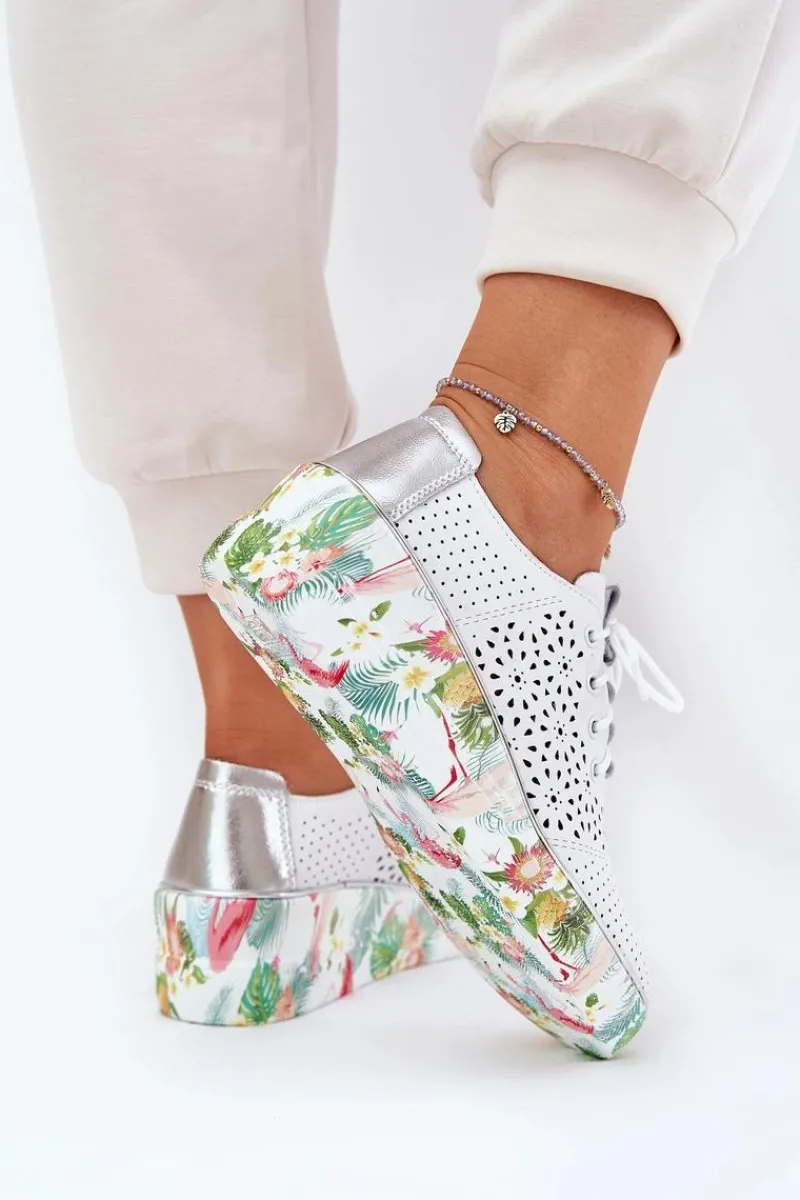 Discount Artiker Skórzane Półbuty Damskie Na Koturnie 56C1799 Biało-Srebrne