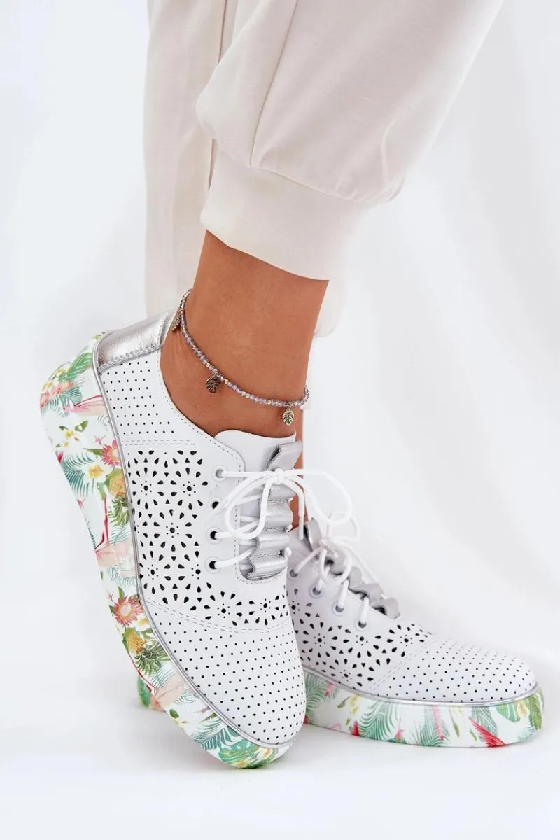 Discount Artiker Skórzane Półbuty Damskie Na Koturnie 56C1799 Biało-Srebrne