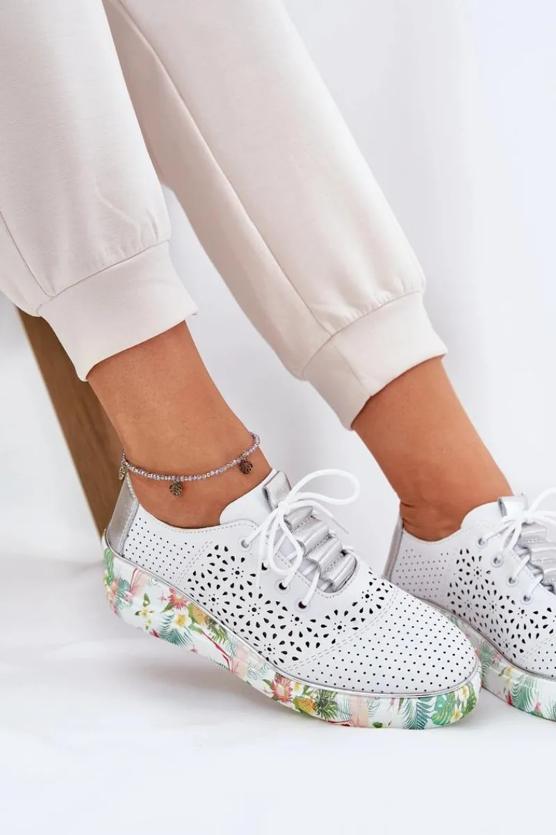 Discount Artiker Skórzane Półbuty Damskie Na Koturnie 56C1799 Biało-Srebrne