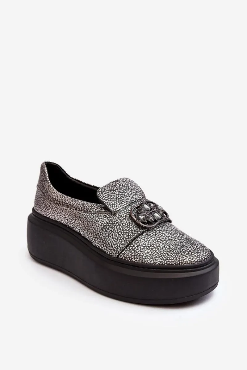 Półbuty Skórzane>Laura Messi Skórzane Półbuty Damskie Na Platformie Z Ozdobą 2697/810 Srebrne