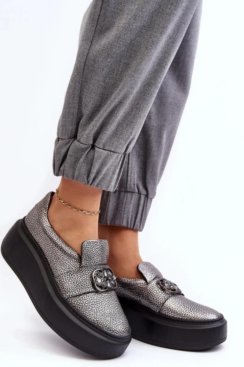 Półbuty Skórzane>Laura Messi Skórzane Półbuty Damskie Na Platformie Z Ozdobą 2697/810 Srebrne