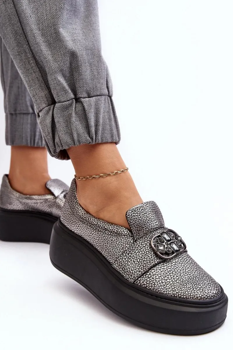 Półbuty Skórzane>Laura Messi Skórzane Półbuty Damskie Na Platformie Z Ozdobą 2697/810 Srebrne