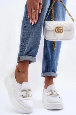 Clearance Skórzane Półbuty Damskie Na Platformie Białe Lewski 3398/2 Damskie Półbuty Skórzane