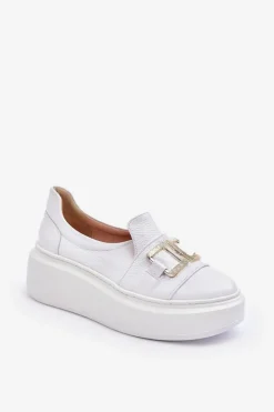 Clearance Skórzane Półbuty Damskie Na Platformie Białe Lewski 3398/2 Damskie Półbuty Skórzane