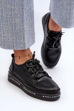 Online Damskie buty S.Barski Skórzane Półbuty Damskie Na Platformie S.Barski LR769A Czarne