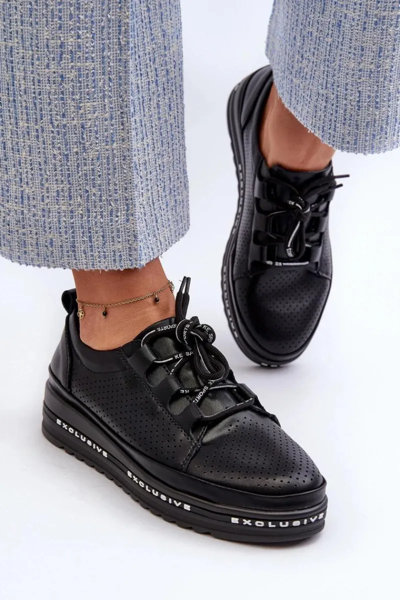 Online Damskie buty S.Barski Skórzane Półbuty Damskie Na Platformie S.Barski LR769A Czarne