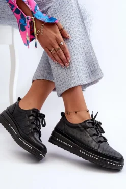 Online Damskie buty S.Barski Skórzane Półbuty Damskie Na Platformie S.Barski LR769A Czarne