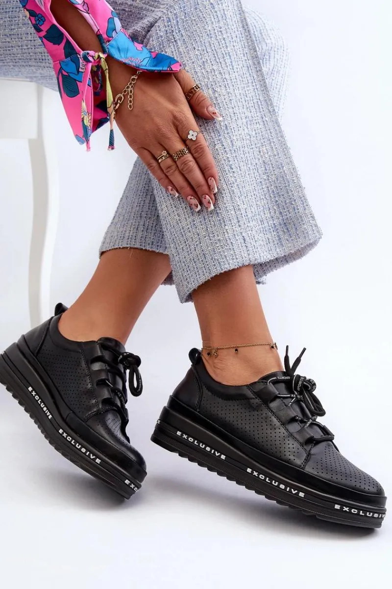 Online Damskie buty S.Barski Skórzane Półbuty Damskie Na Platformie S.Barski LR769A Czarne