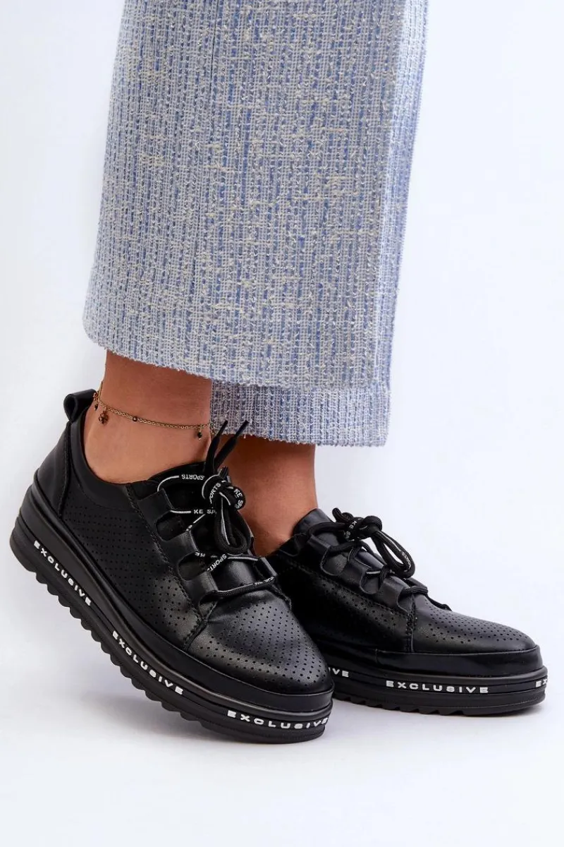 Online Damskie buty S.Barski Skórzane Półbuty Damskie Na Platformie S.Barski LR769A Czarne