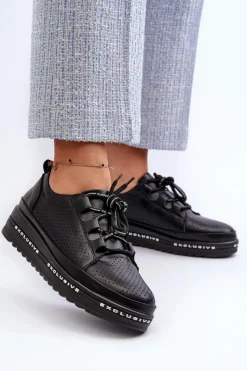 Online Damskie buty S.Barski Skórzane Półbuty Damskie Na Platformie S.Barski LR769A Czarne