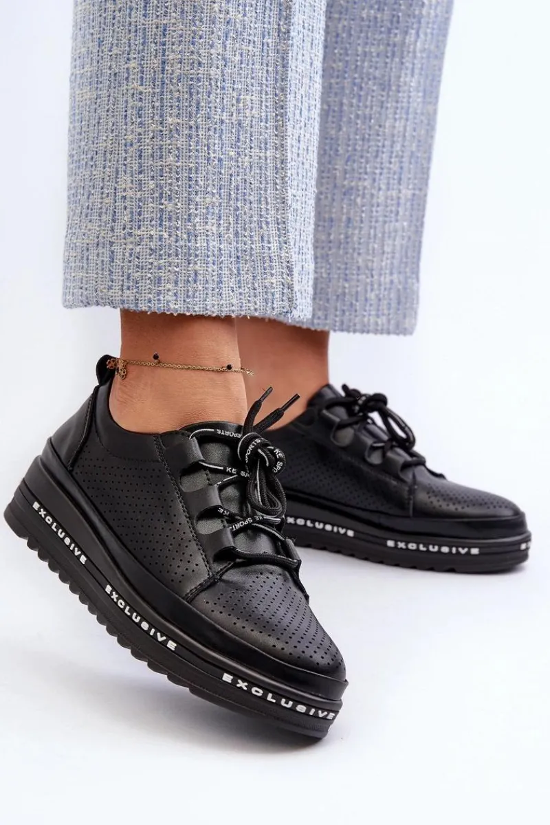 Online Damskie buty S.Barski Skórzane Półbuty Damskie Na Platformie S.Barski LR769A Czarne