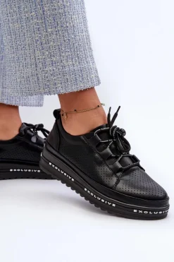 Online Damskie buty S.Barski Skórzane Półbuty Damskie Na Platformie S.Barski LR769A Czarne