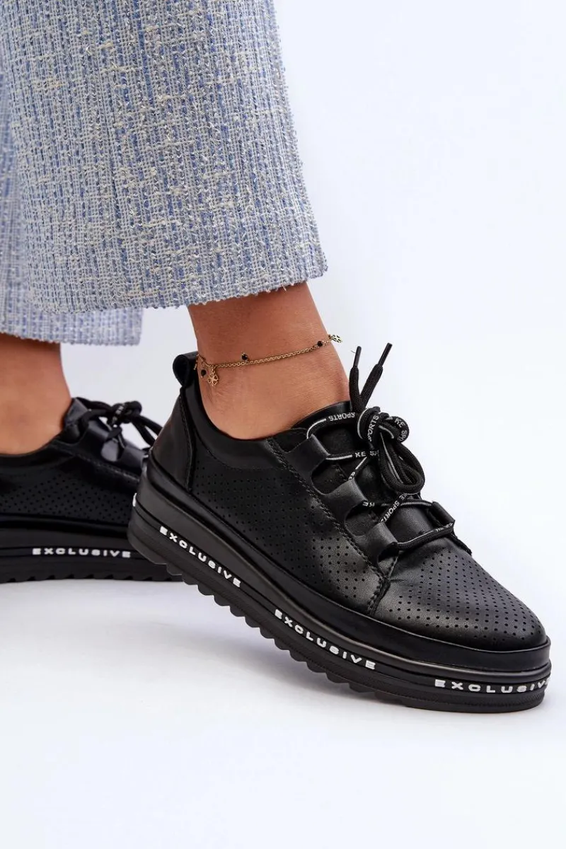 Online Damskie buty S.Barski Skórzane Półbuty Damskie Na Platformie S.Barski LR769A Czarne