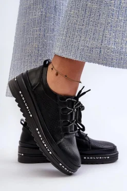 Online Damskie buty S.Barski Skórzane Półbuty Damskie Na Platformie S.Barski LR769A Czarne