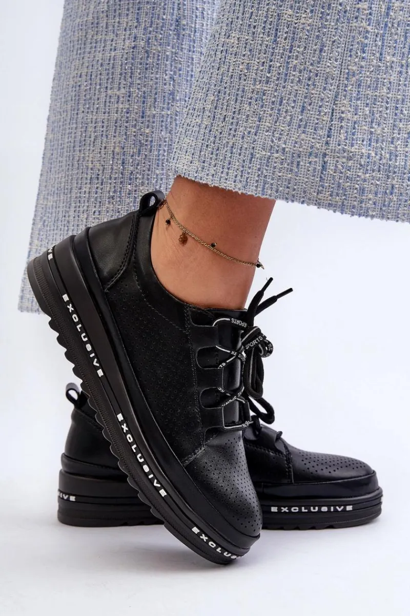 Online Damskie buty S.Barski Skórzane Półbuty Damskie Na Platformie S.Barski LR769A Czarne