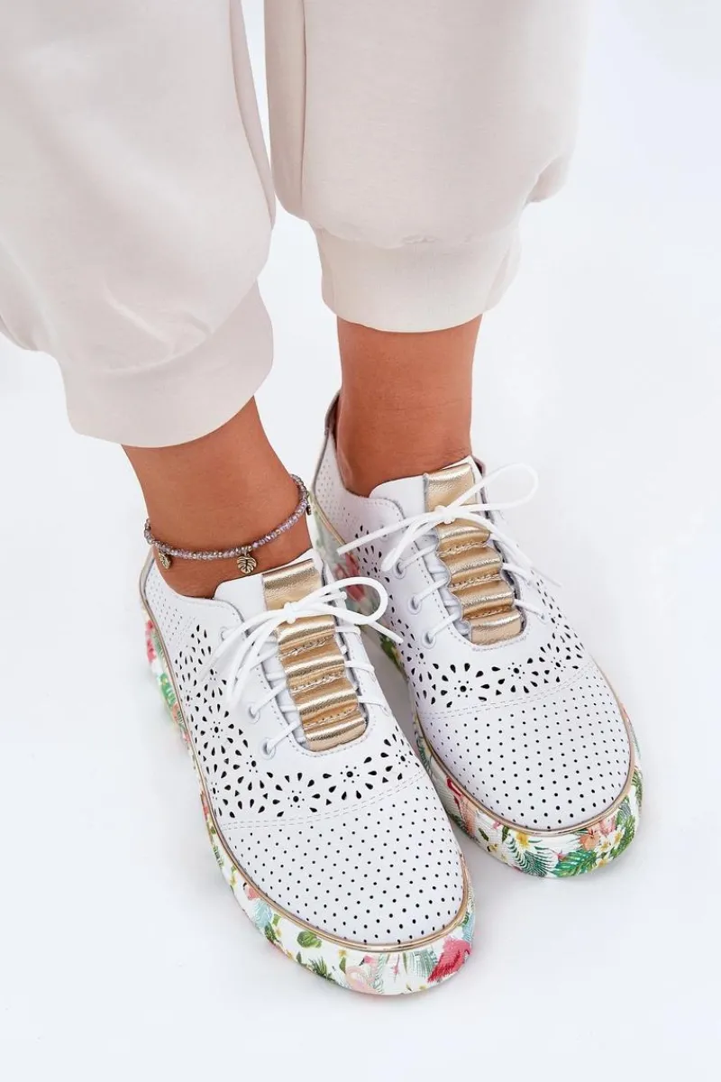 Buty Sportowe Na Platformie|Półbuty Skórzane>Artiker Skórzane Półbuty Damskie Na Koturnie 56C1800 Biało-Złote