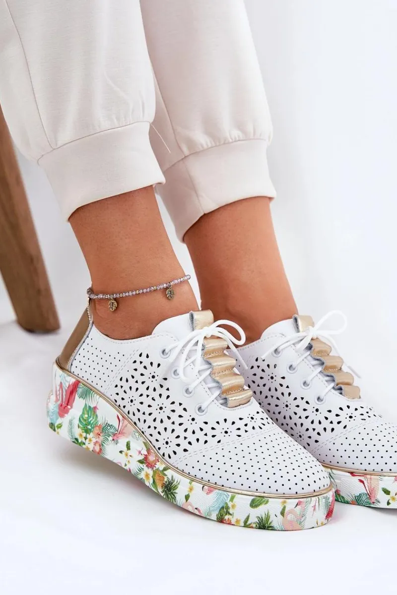 Buty Sportowe Na Platformie|Półbuty Skórzane>Artiker Skórzane Półbuty Damskie Na Koturnie 56C1800 Biało-Złote