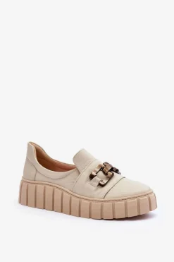 Półbuty Skórzane>Boto Skórzane Półbuty Damskie Na Platformie Z Ozdobą Beżowe Lewski 3398