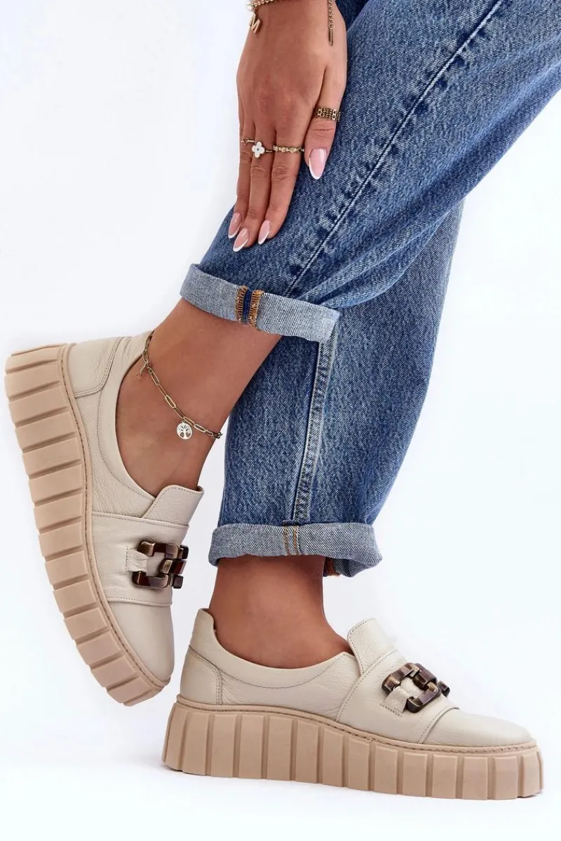 Półbuty Skórzane>Boto Skórzane Półbuty Damskie Na Platformie Z Ozdobą Beżowe Lewski 3398