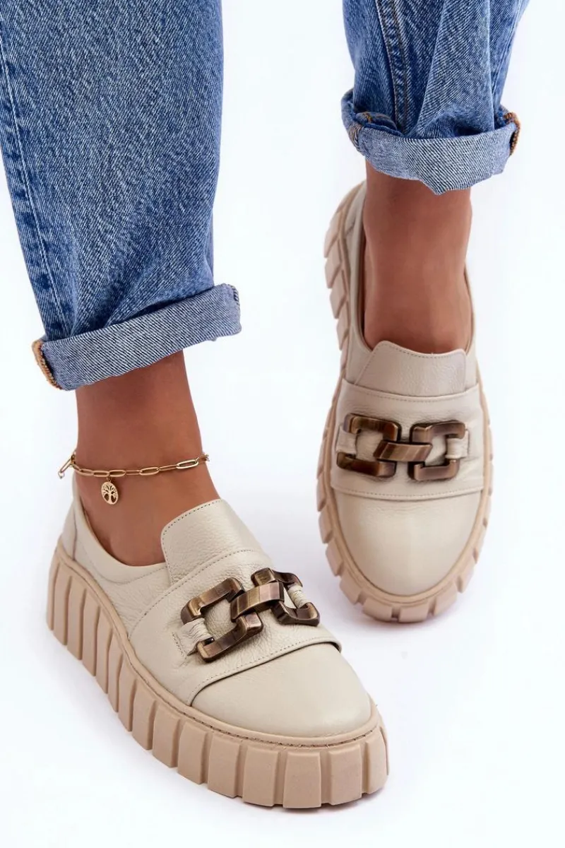 Półbuty Skórzane>Boto Skórzane Półbuty Damskie Na Platformie Z Ozdobą Beżowe Lewski 3398