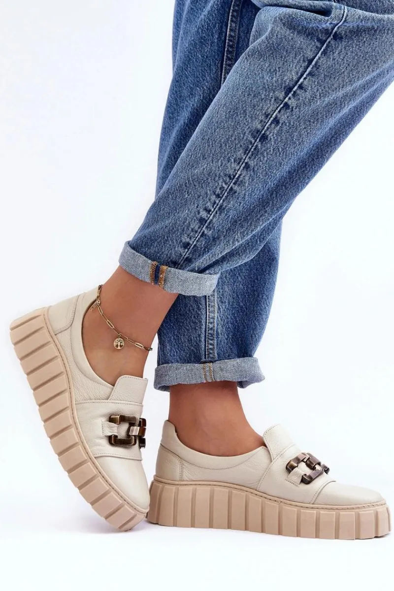 Półbuty Skórzane>Boto Skórzane Półbuty Damskie Na Platformie Z Ozdobą Beżowe Lewski 3398