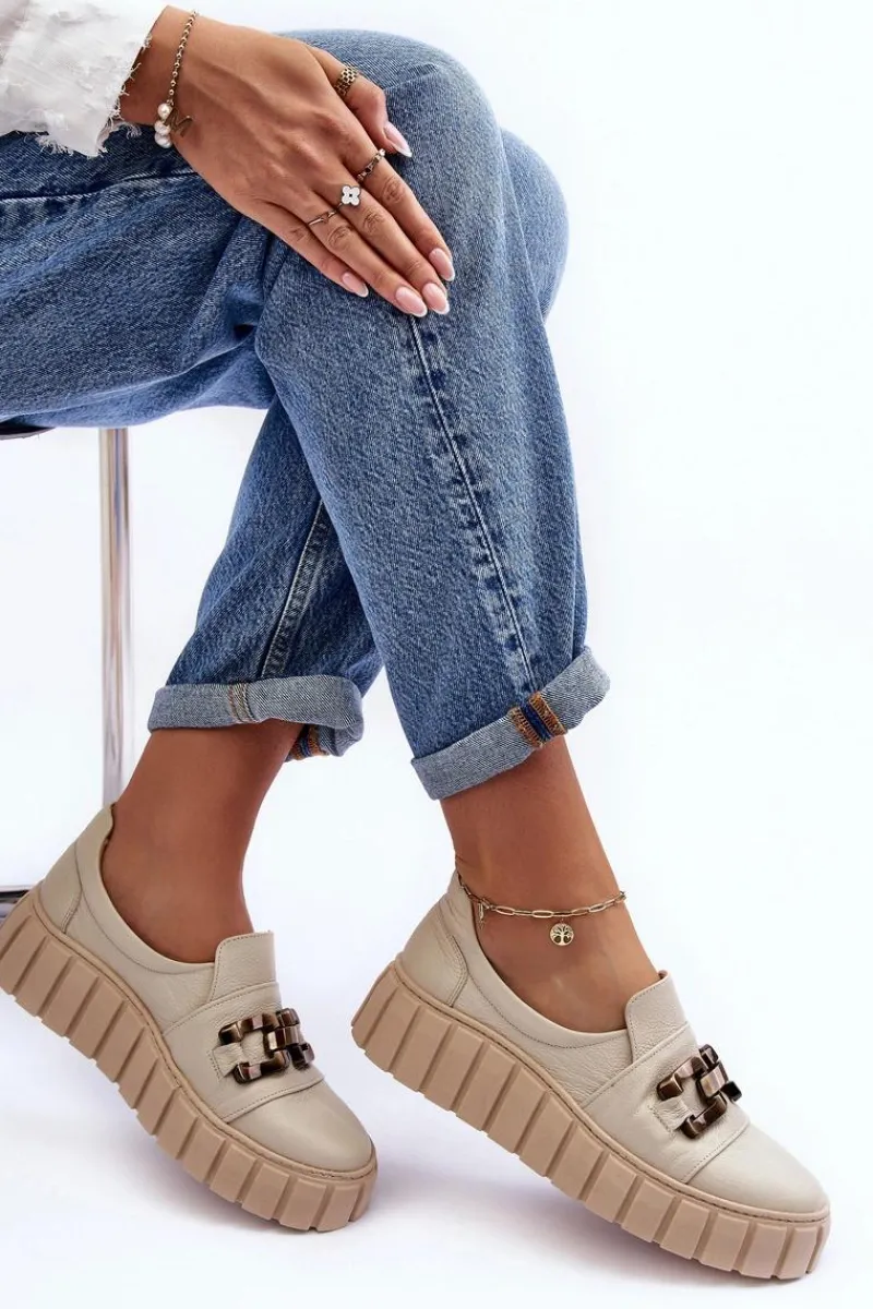 Półbuty Skórzane>Boto Skórzane Półbuty Damskie Na Platformie Z Ozdobą Beżowe Lewski 3398