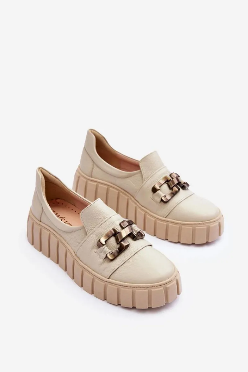 Półbuty Skórzane>Boto Skórzane Półbuty Damskie Na Platformie Z Ozdobą Beżowe Lewski 3398