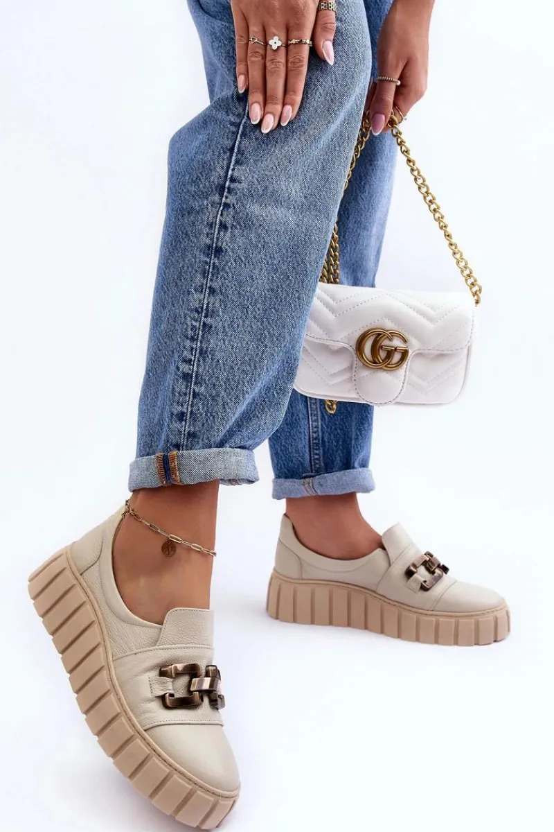 Półbuty Skórzane>Boto Skórzane Półbuty Damskie Na Platformie Z Ozdobą Beżowe Lewski 3398