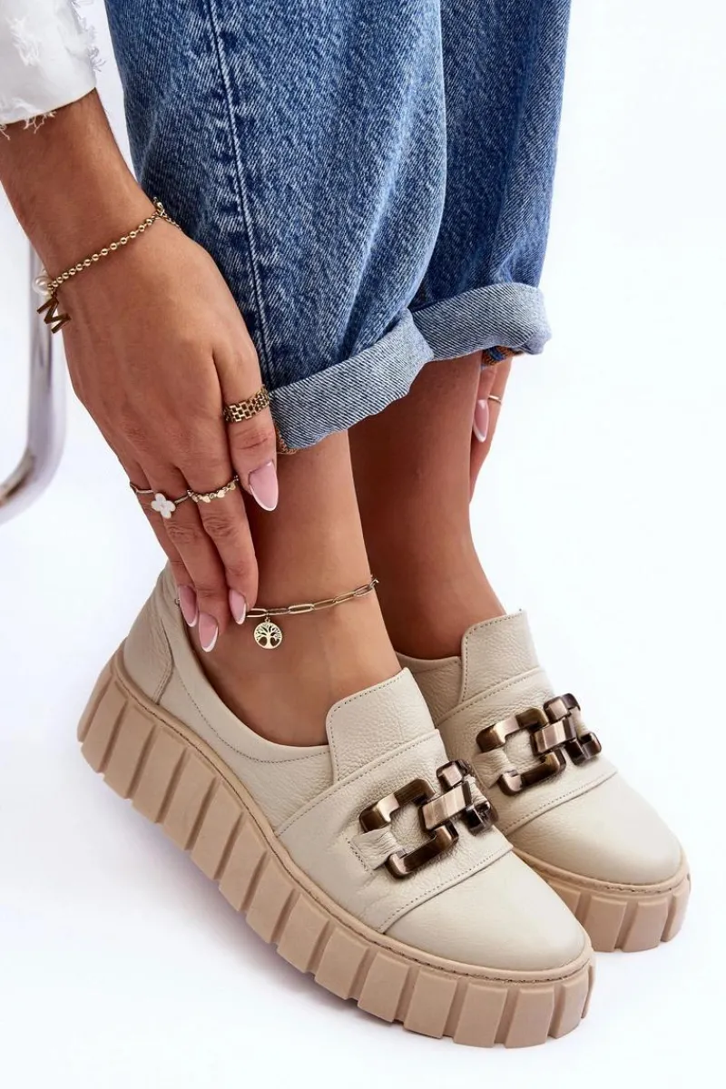 Półbuty Skórzane>Boto Skórzane Półbuty Damskie Na Platformie Z Ozdobą Beżowe Lewski 3398