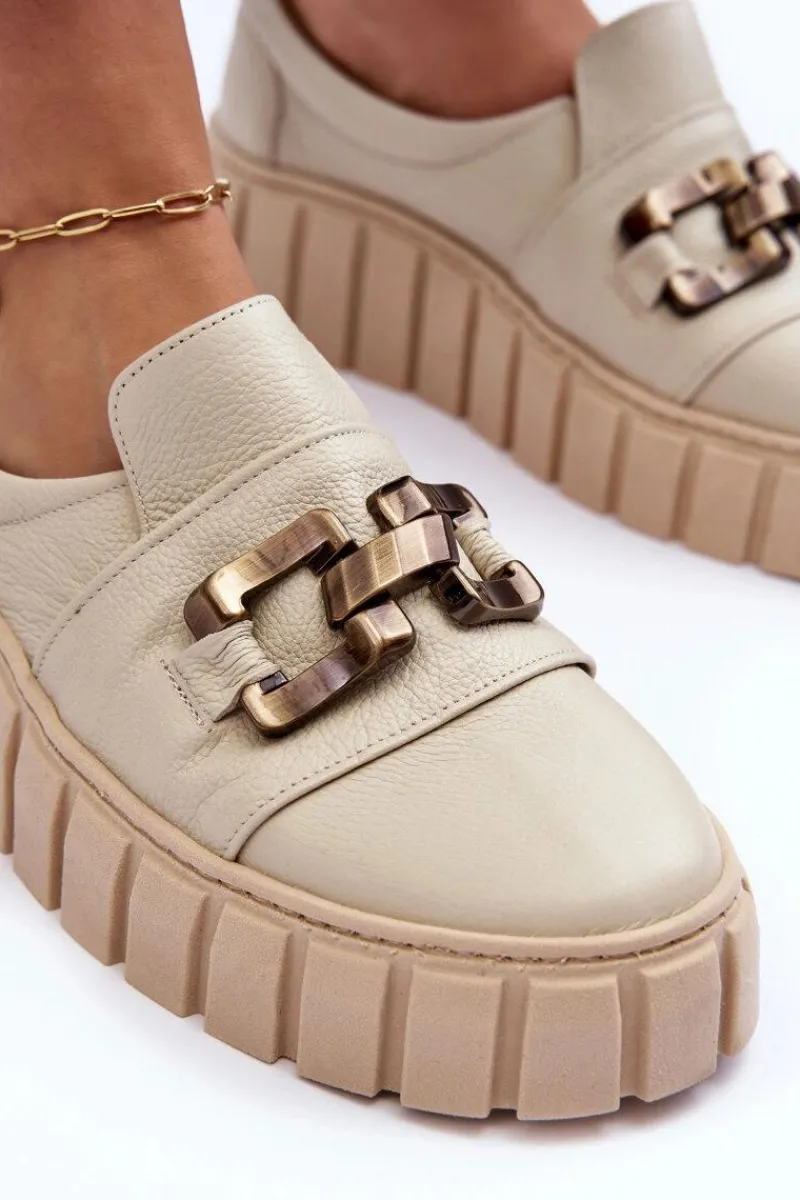 Półbuty Skórzane>Boto Skórzane Półbuty Damskie Na Platformie Z Ozdobą Beżowe Lewski 3398